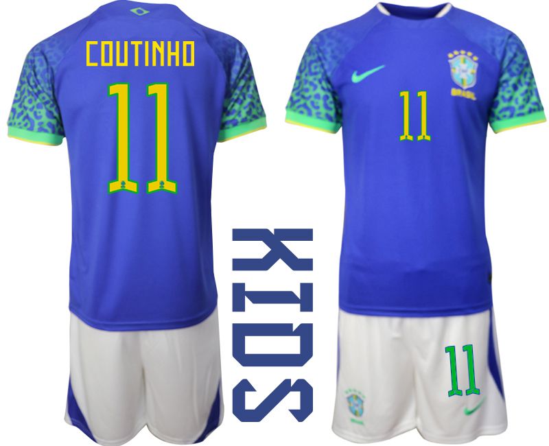 Youth 2022 World Cup National Team Brazil away blue #11 Soccer Jersey